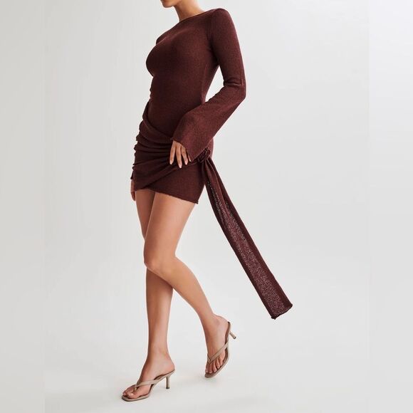 NWT MESHKI Liana Long Sleeve High Neck Open Back Knit Mini Dress in Plum size XL - Picture 2 of 13